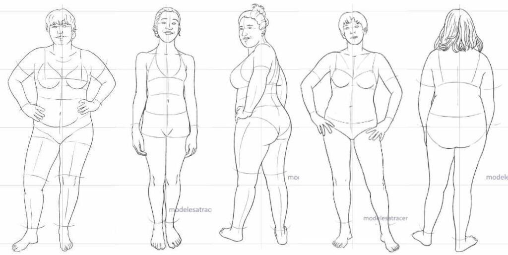 Dessins de silhouettes avec des proportions réalistes : chaque personnage fait 7 ou 8 fois la hauteur de sa tête.