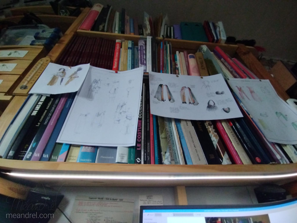 Des étagères de livres au dessus d'un écran d'ordinateur dont on ne voit que le haut.