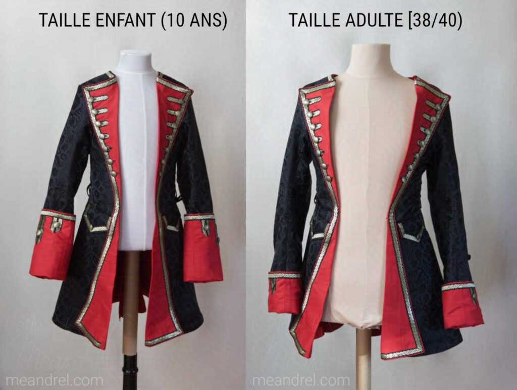 Photo sur mannequins, d'une autre veste de pirate rouge et noire, en comparatif de tailles : 10 ans et 38/40.