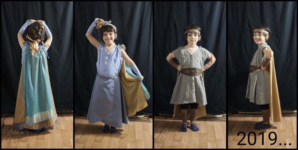 Panoramique de 4 photos d'une enfant dans son costume, avec différentes pièces et combinaisons